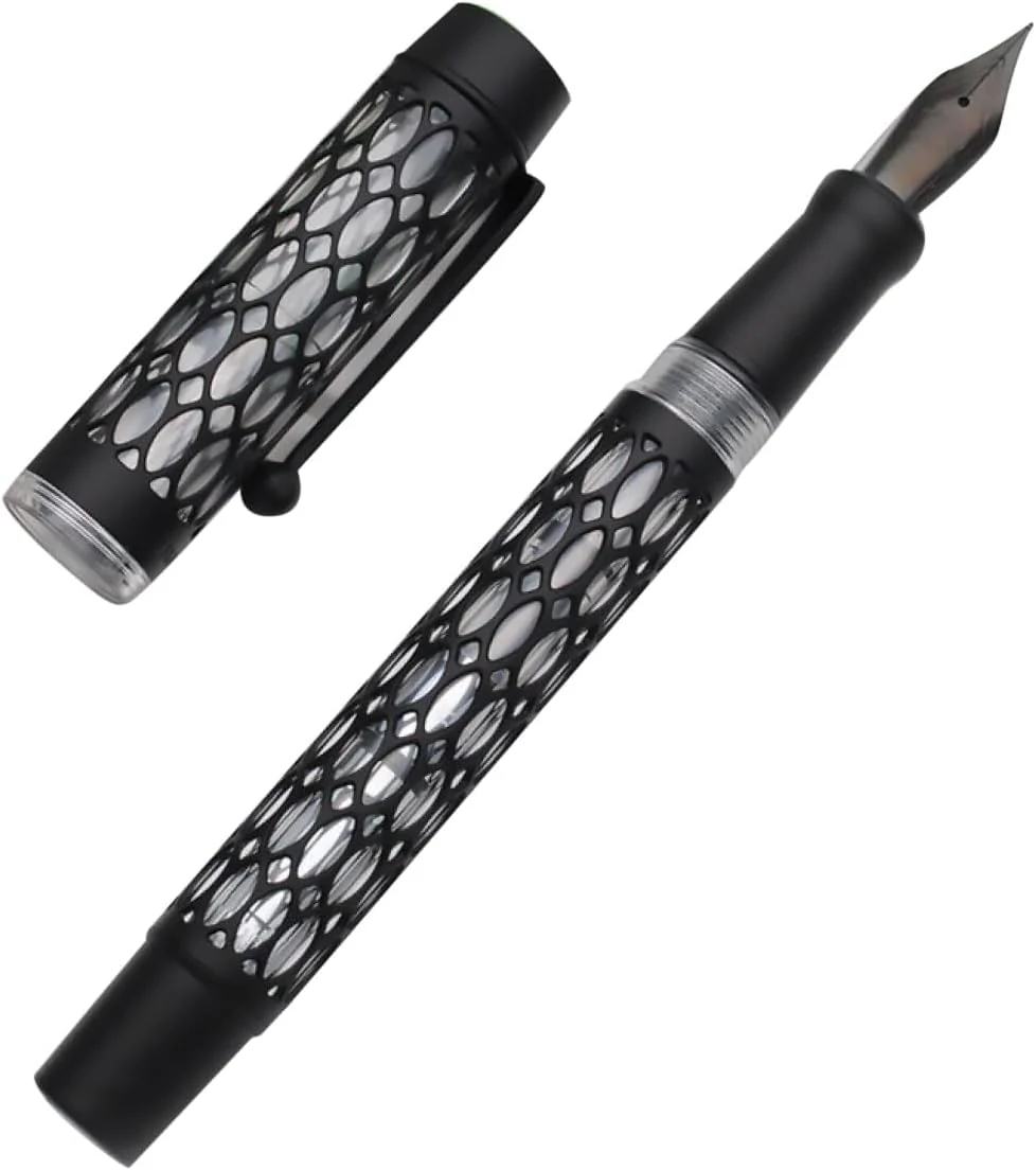 Jinhao 100 Matte Black Fountain Pen – Water Drop Skeleton Transparent Body, Medium Nib with Converter - Image 4