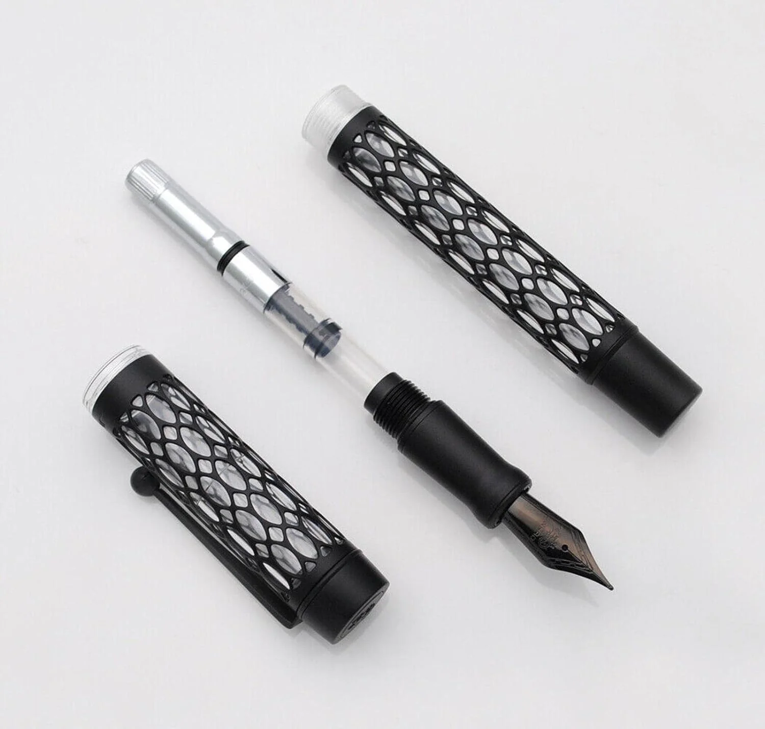 Jinhao 100 Matte Black Fountain Pen – Water Drop Skeleton Transparent Body, Medium Nib with Converter - Image 5
