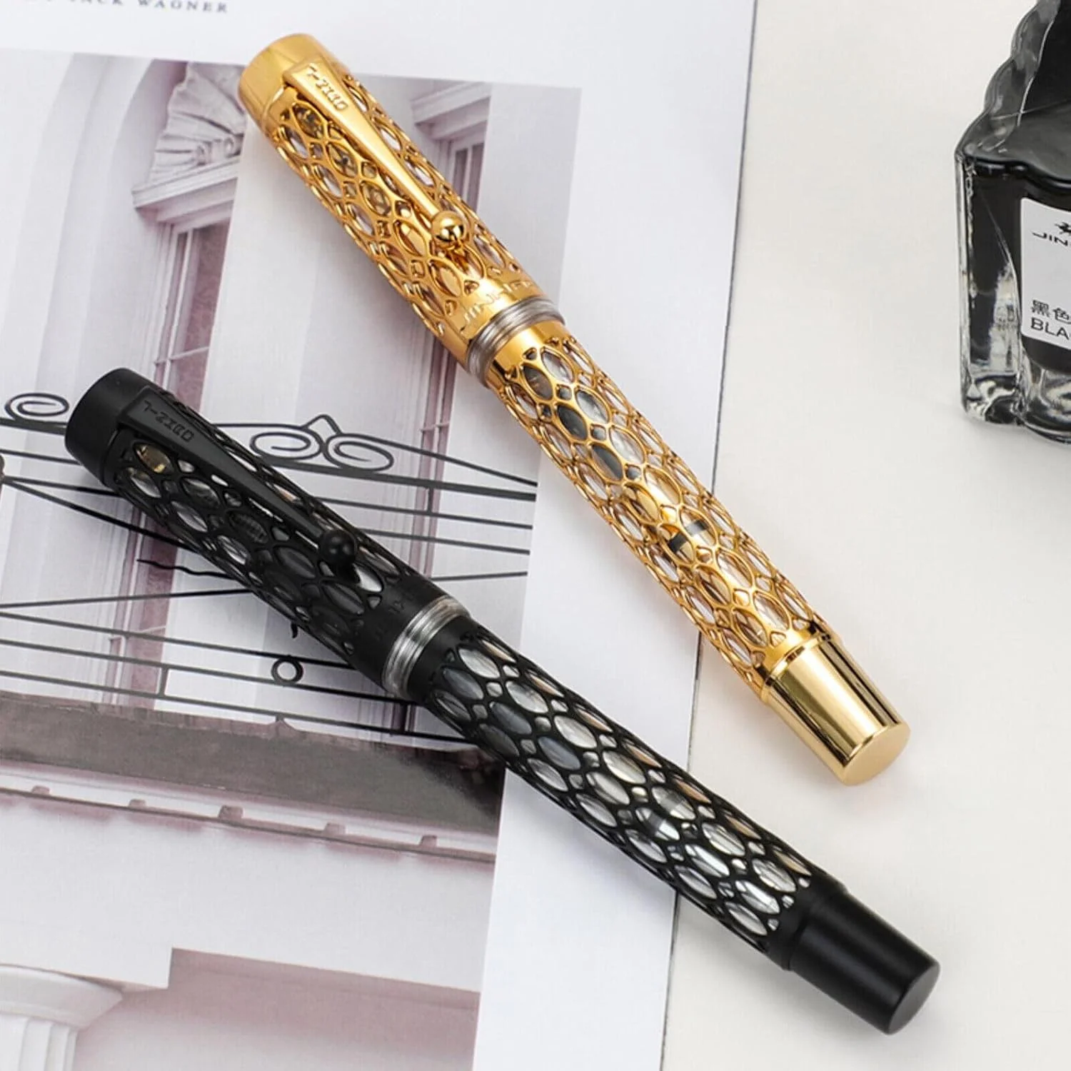 Jinhao 100 Matte Black Fountain Pen – Water Drop Skeleton Transparent Body, Medium Nib with Converter - Image 6