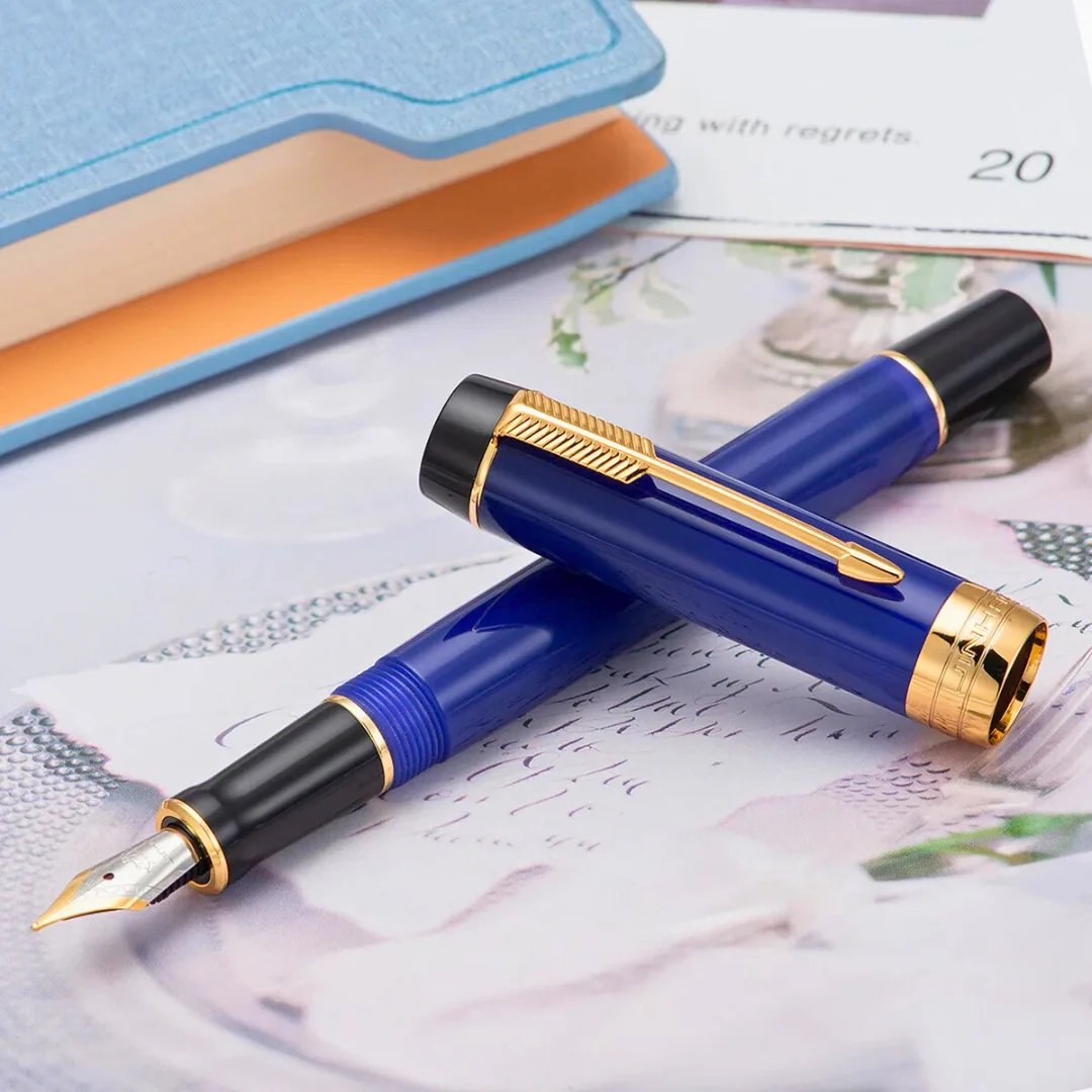 Jinhao 100 Mini Classic Fountain Pen – Navy Blue Marble Celluloid, Gold Arrow Trim, Fine Nib with Converter - Image 2