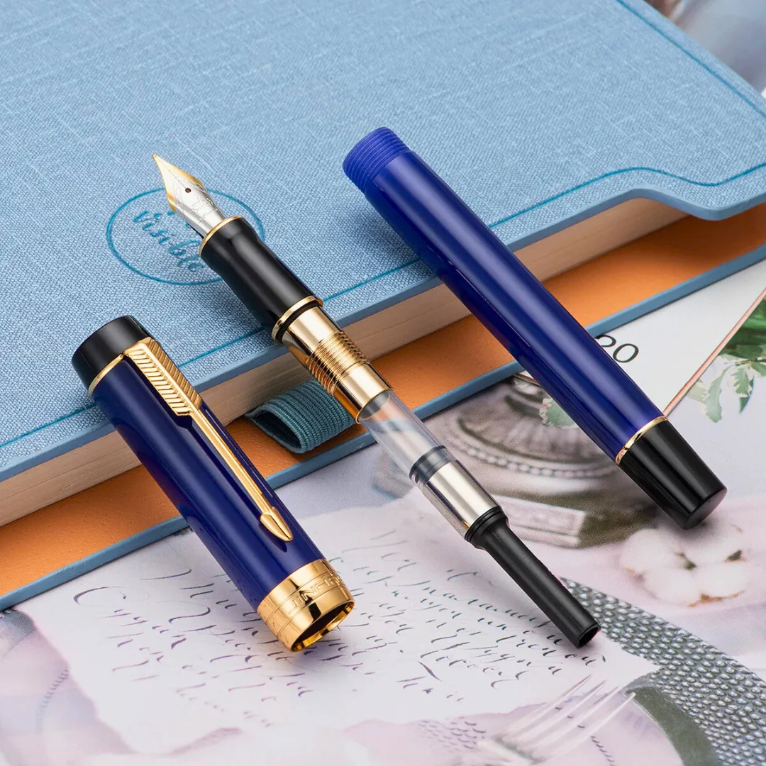 Jinhao 100 Mini Classic Fountain Pen – Navy Blue Marble Celluloid, Gold Arrow Trim, Fine Nib with Converter - Image 3