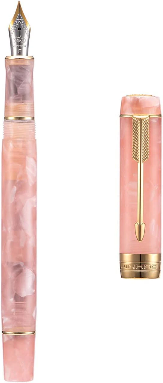Jinhao 100 Mini Fountain Pen Fine Nib with Converter, Celluloid Marble Acrylic Body, Gold Arrow Clip – Pink - Image 2