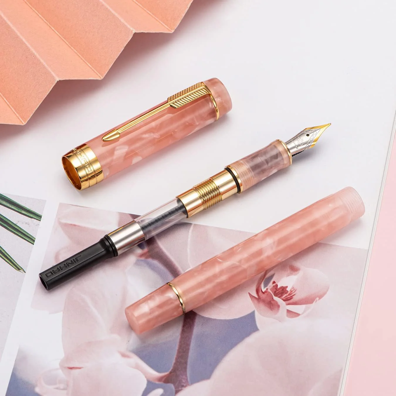 Jinhao 100 Mini Fountain Pen Fine Nib with Converter, Celluloid Marble Acrylic Body, Gold Arrow Clip – Pink - Image 3