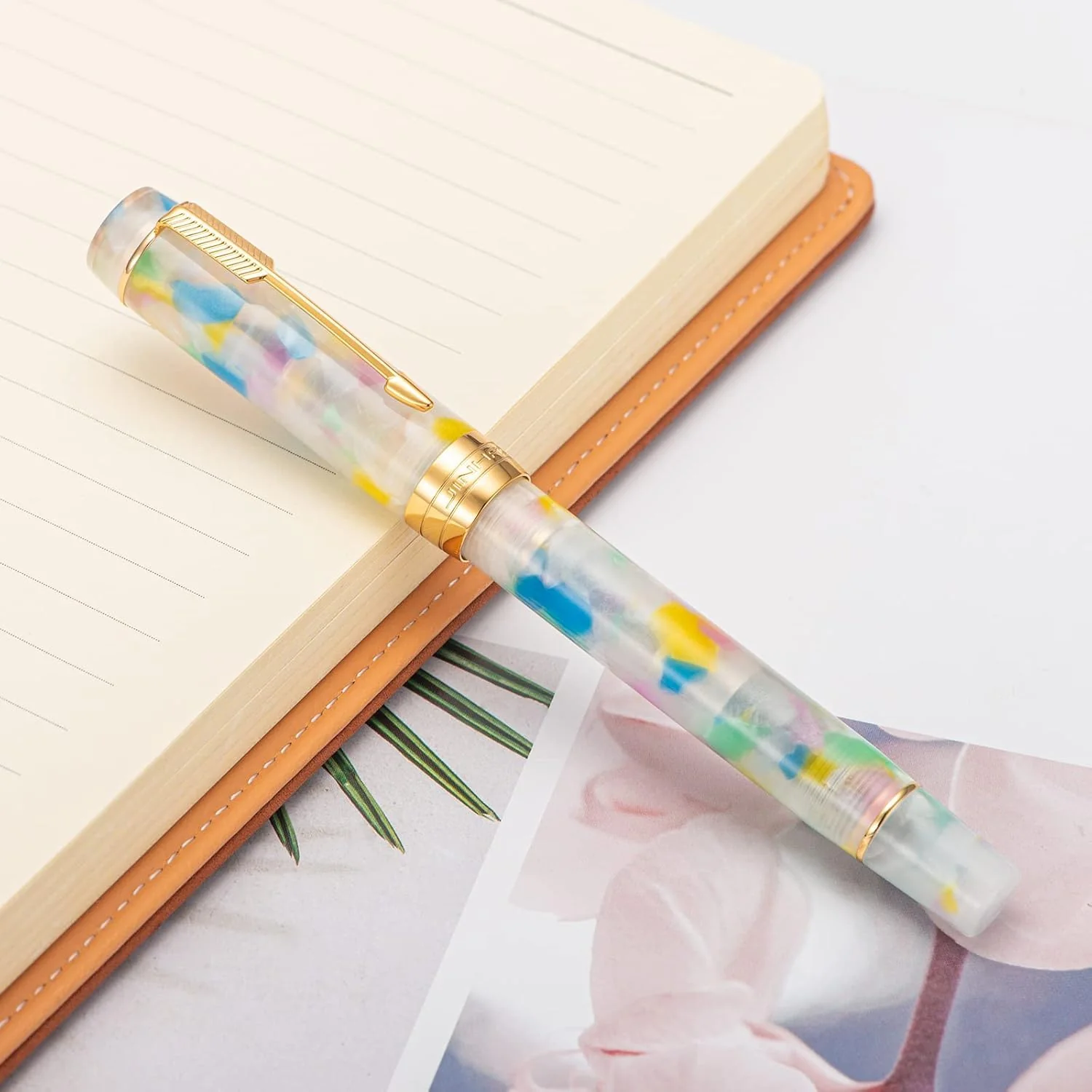 Jinhao 100 Mini Fountain Pen Fine Nib with Converter, Celluloid Marble Acrylic Body, Gold Arrow Clip – Rainbow - Image 2