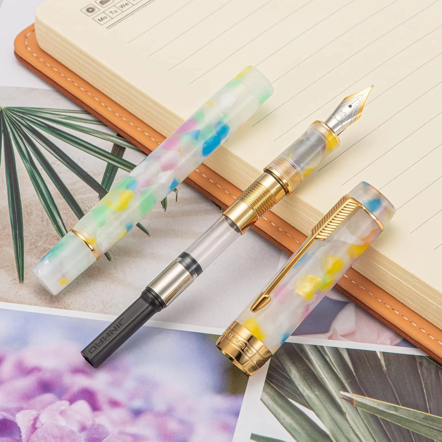 Jinhao 100 Mini Fountain Pen Fine Nib with Converter, Celluloid Marble Acrylic Body, Gold Arrow Clip – Rainbow - Image 3
