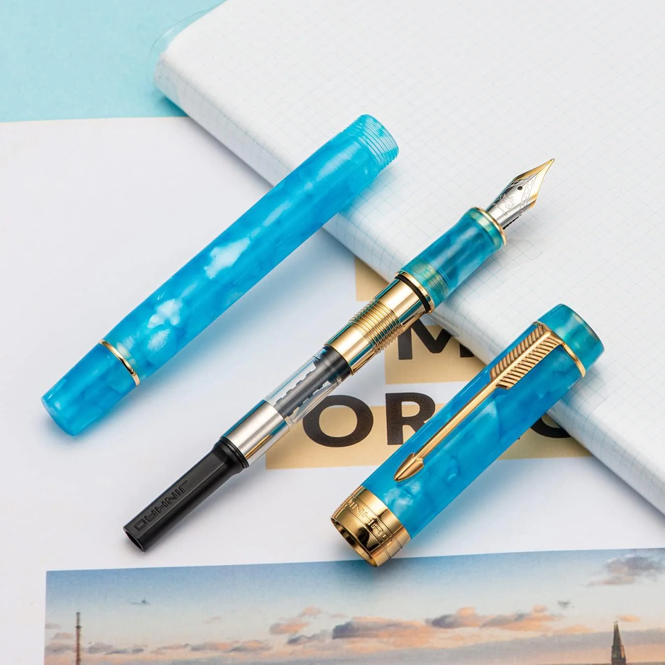 Jinhao 100 Mini Fountain Pen Fine Nib with Converter, Celluloid Marble Acrylic Body, Gold Arrow Clip – Sky Blue - Image 2