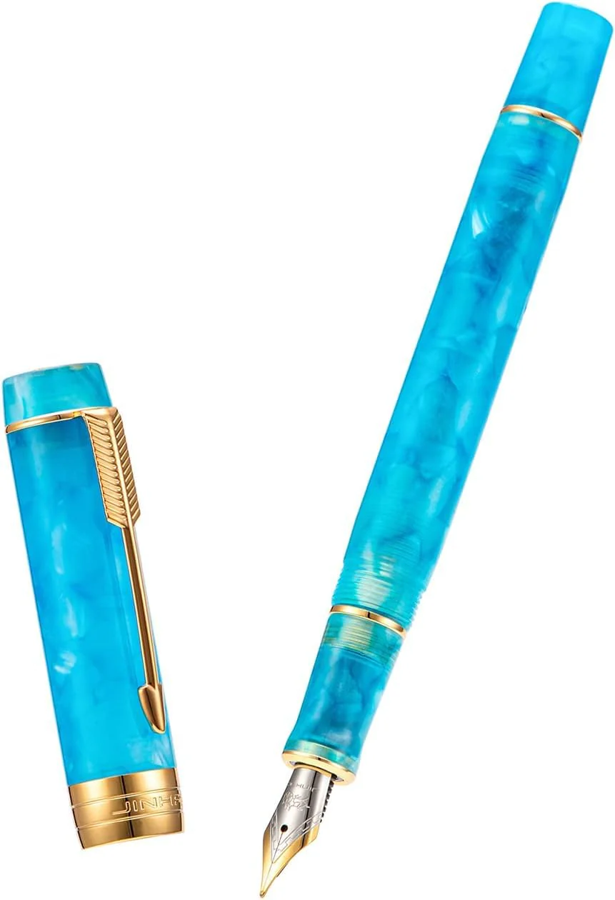 Jinhao 100 Mini Fountain Pen Fine Nib with Converter, Celluloid Marble Acrylic Body, Gold Arrow Clip – Sky Blue - Image 3