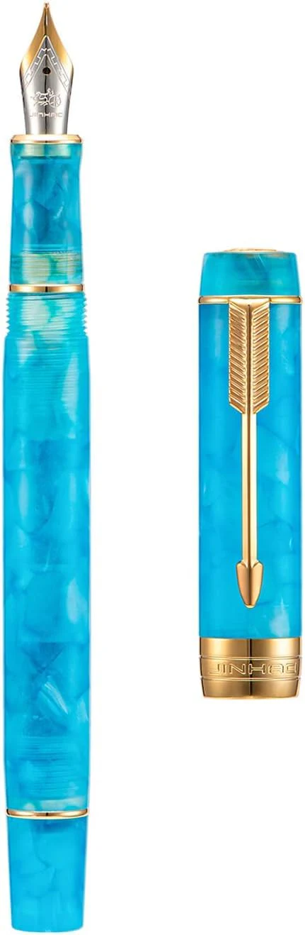 Jinhao 100 Mini Fountain Pen Fine Nib with Converter, Celluloid Marble Acrylic Body, Gold Arrow Clip – Sky Blue - Image 4