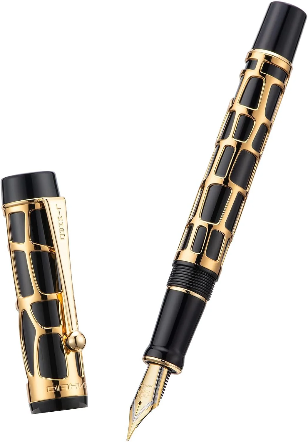 Jinhao 100 Skeleton Series Fountain Pen – Black Resin with Gold Abstract Metal Cage, Medium Nib, Includes Converter - Image 3