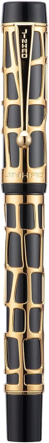 Jinhao 100 Skeleton Series Fountain Pen – Black Resin with Gold Abstract Metal Cage, Medium Nib, Includes Converter - Image 4