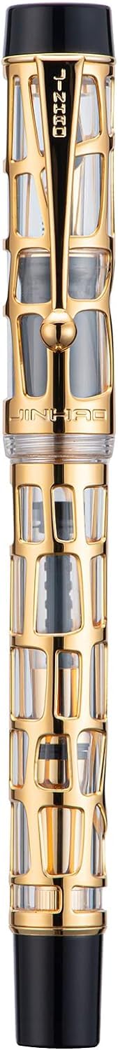 Jinhao 100 Skeleton Series Fountain Pen – Gold Abstract Cage Design, Clear Resin Body, Medium Nib, Includes Converter - Image 2