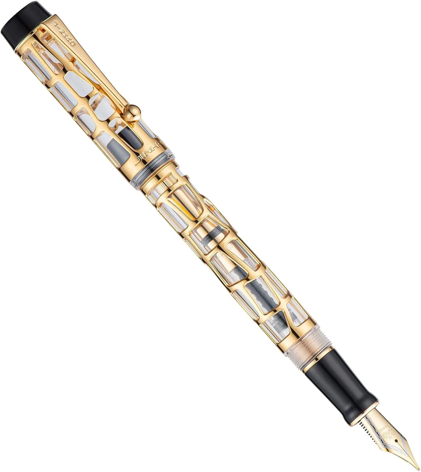 Jinhao 100 Skeleton Series Fountain Pen – Gold Abstract Cage Design, Clear Resin Body, Medium Nib, Includes Converter - Image 3