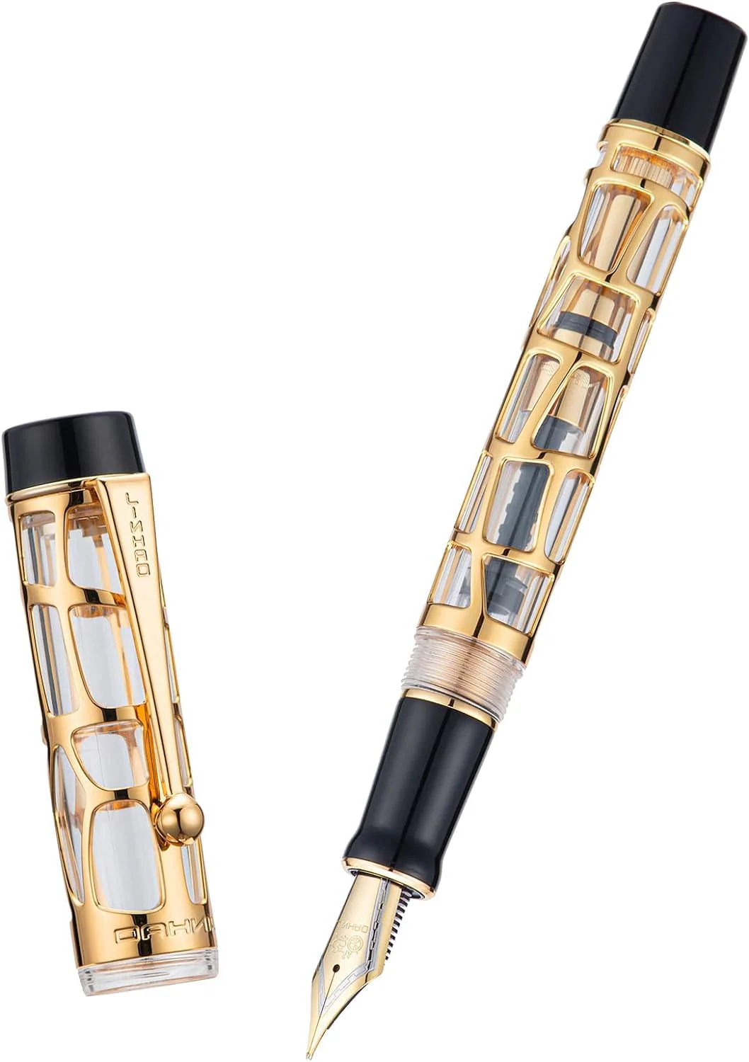 Jinhao 100 Skeleton Series Fountain Pen – Gold Abstract Cage Design, Clear Resin Body, Medium Nib, Includes Converter - Image 4