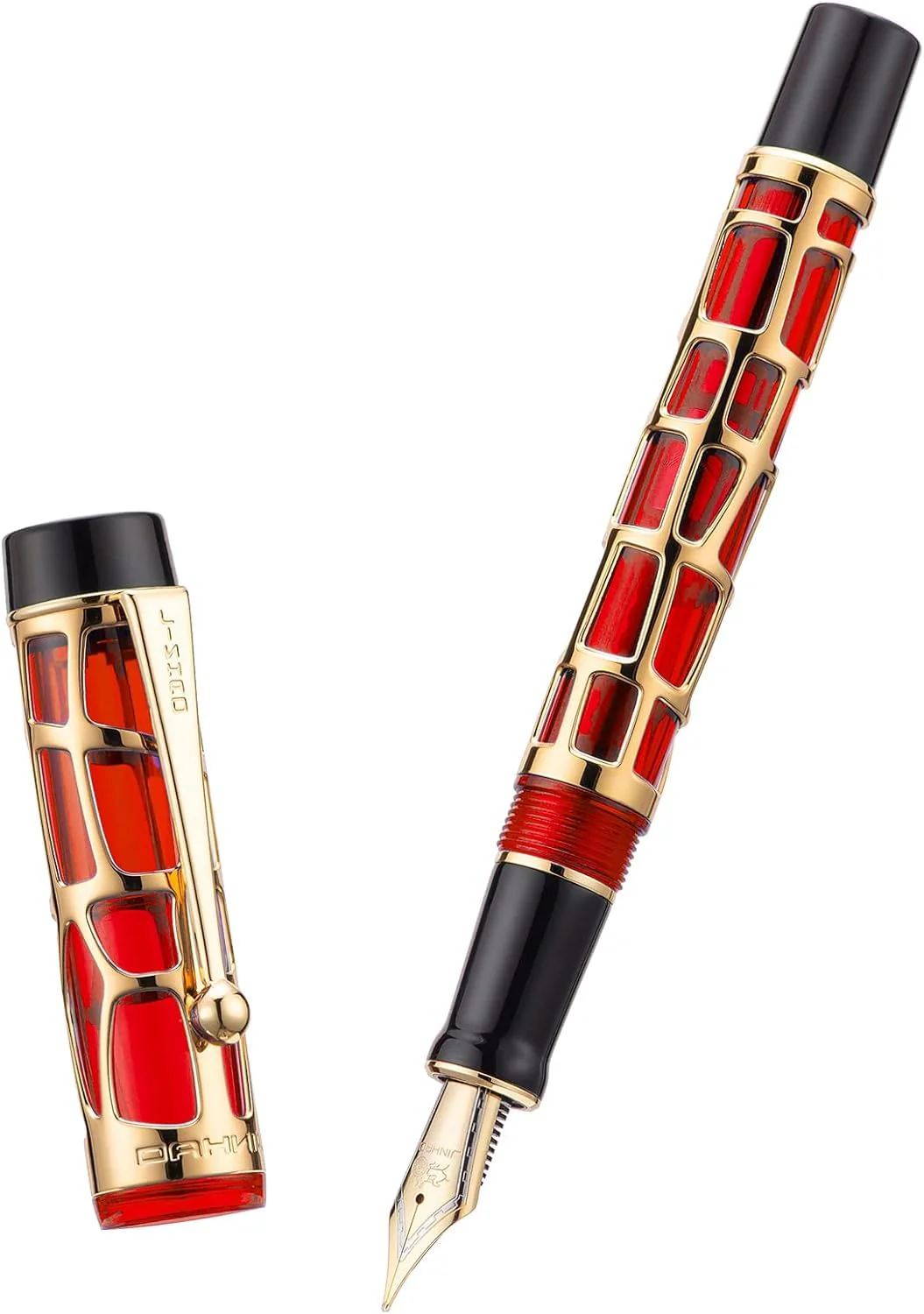 Jinhao 100 Skeleton Series Fountain Pen – Gold Abstract Metal Cage Design, Red Resin with Medium Nib, Includes Converter - Image 2
