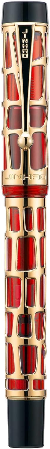 Jinhao 100 Skeleton Series Fountain Pen – Gold Abstract Metal Cage Design, Red Resin with Medium Nib, Includes Converter - Image 3