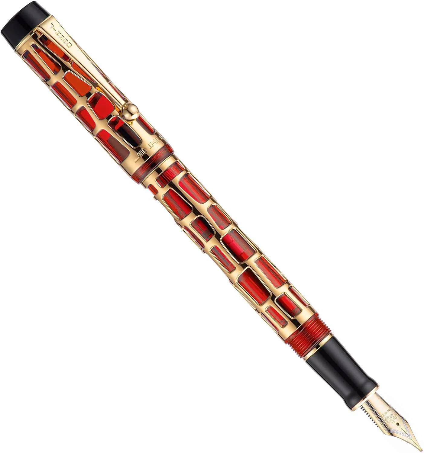 Jinhao 100 Skeleton Series Fountain Pen – Gold Abstract Metal Cage Design, Red Resin with Medium Nib, Includes Converter - Image 4
