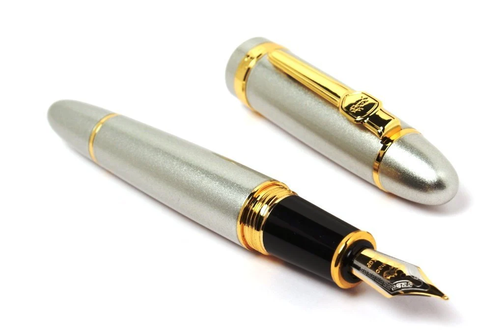 Jinhao 159 Heavyweight Signature Fountain Pen – Shiny Silver with Gold Trims, Streamlined Design, Medium Nib & Ink Converter - Image 2