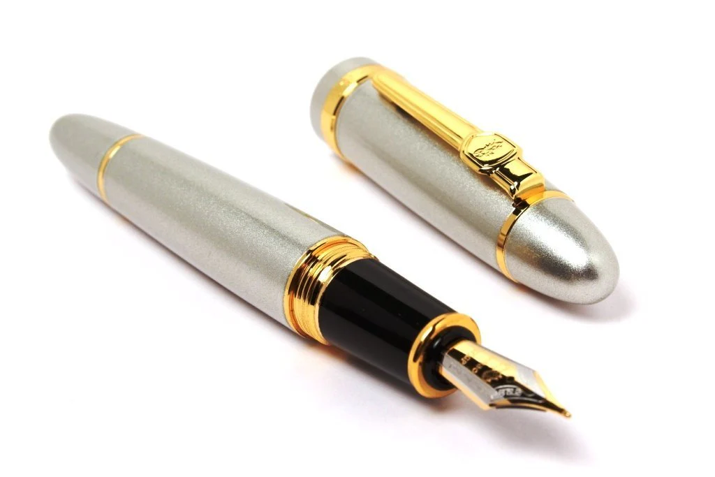Jinhao 159 Heavyweight Signature Fountain Pen – Shiny Silver with Gold Trims, Streamlined Design, Medium Nib & Ink Converter - Image 4