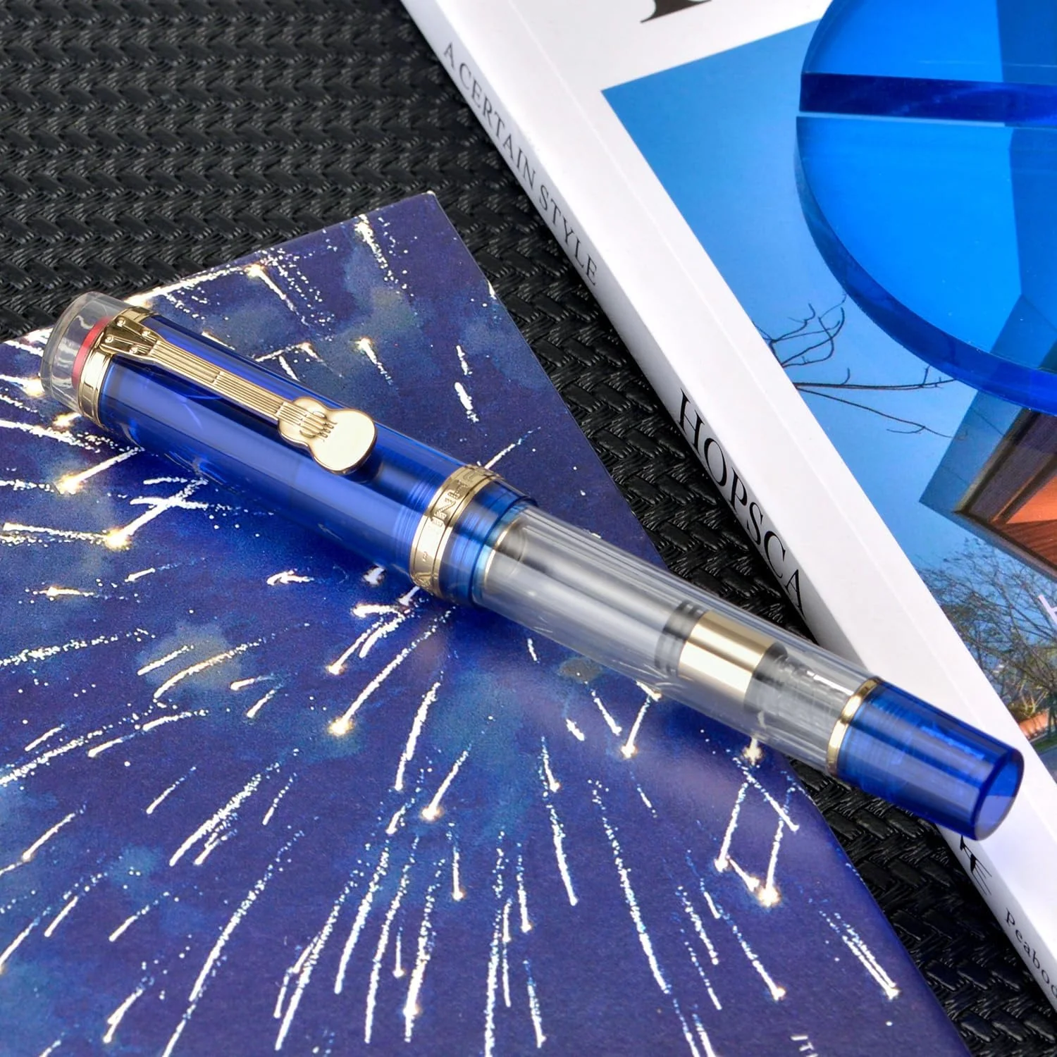 Jinhao 1935 Fountain Pen Tiandao Series - Fine Nib, Blue With Clear Transparent Acrylic Body And Gold Guitar Clip With Large Converter - Image 3