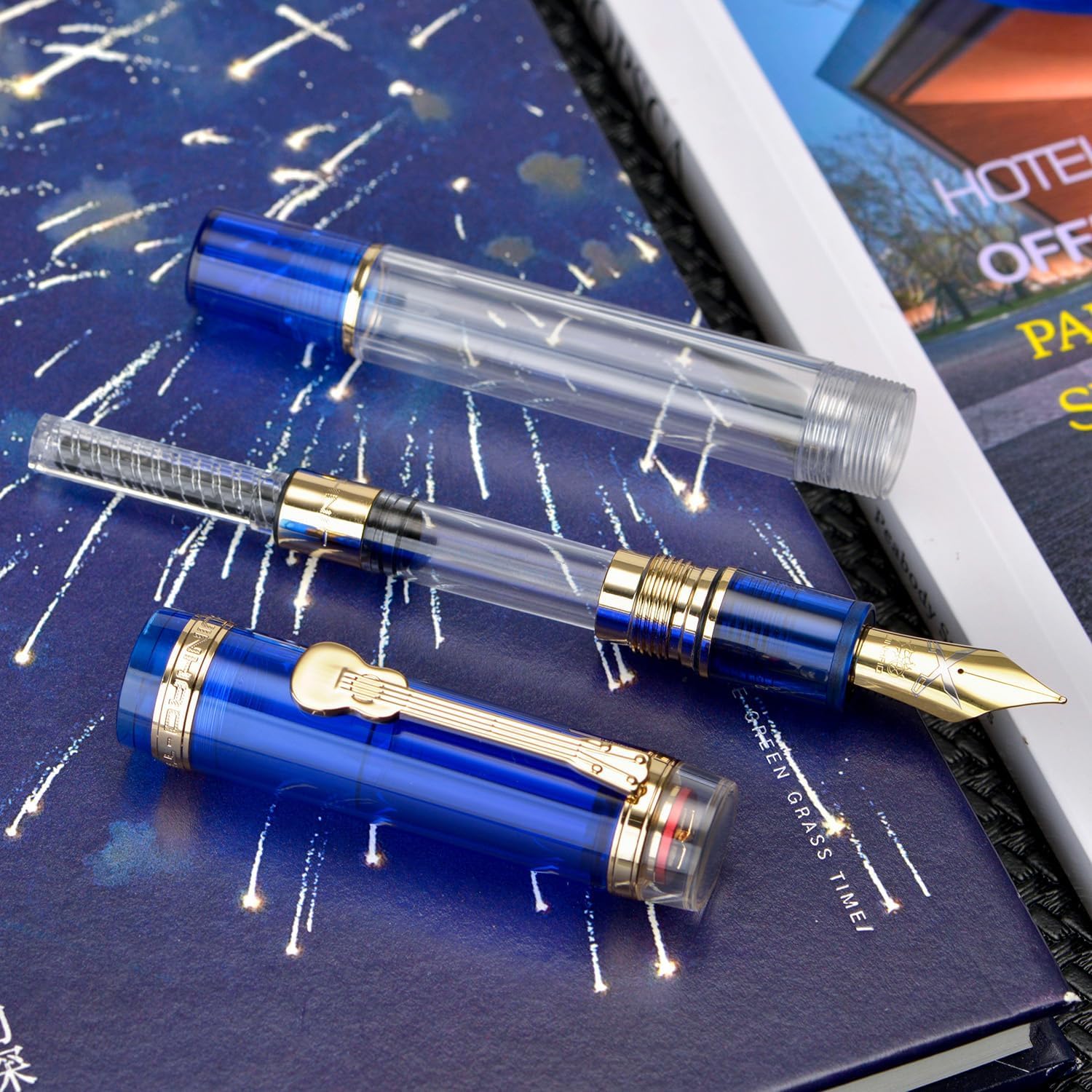 Jinhao 1935 Fountain Pen Tiandao Series - Fine Nib, Blue With Clear Transparent Acrylic Body And Gold Guitar Clip With Large Converter - Image 4