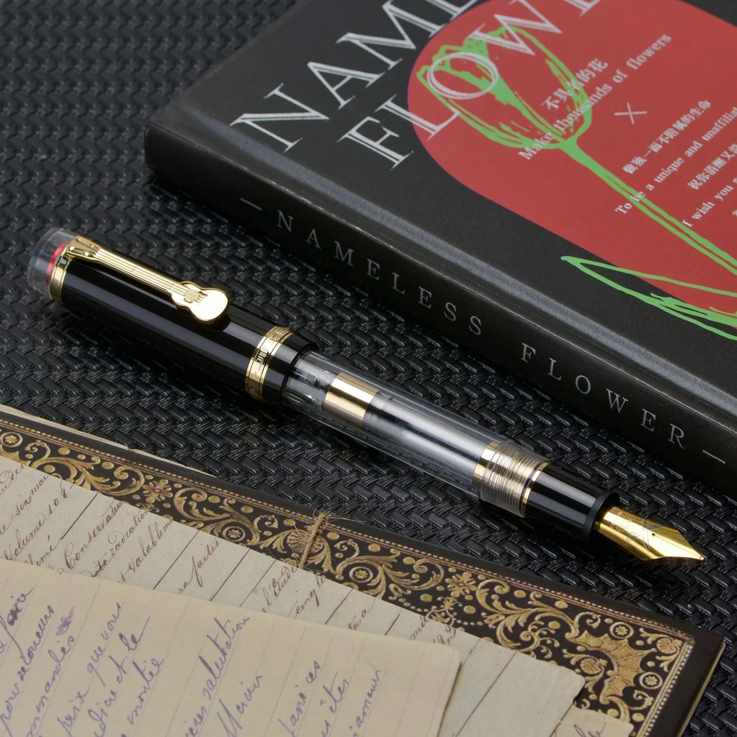 Jinhao 1935 Tiandao Series Fountain Pen – Black & Clear Acrylic Body, Dualtone Medium Nib, Gold Guitar Clip With Large Converter - Image 5