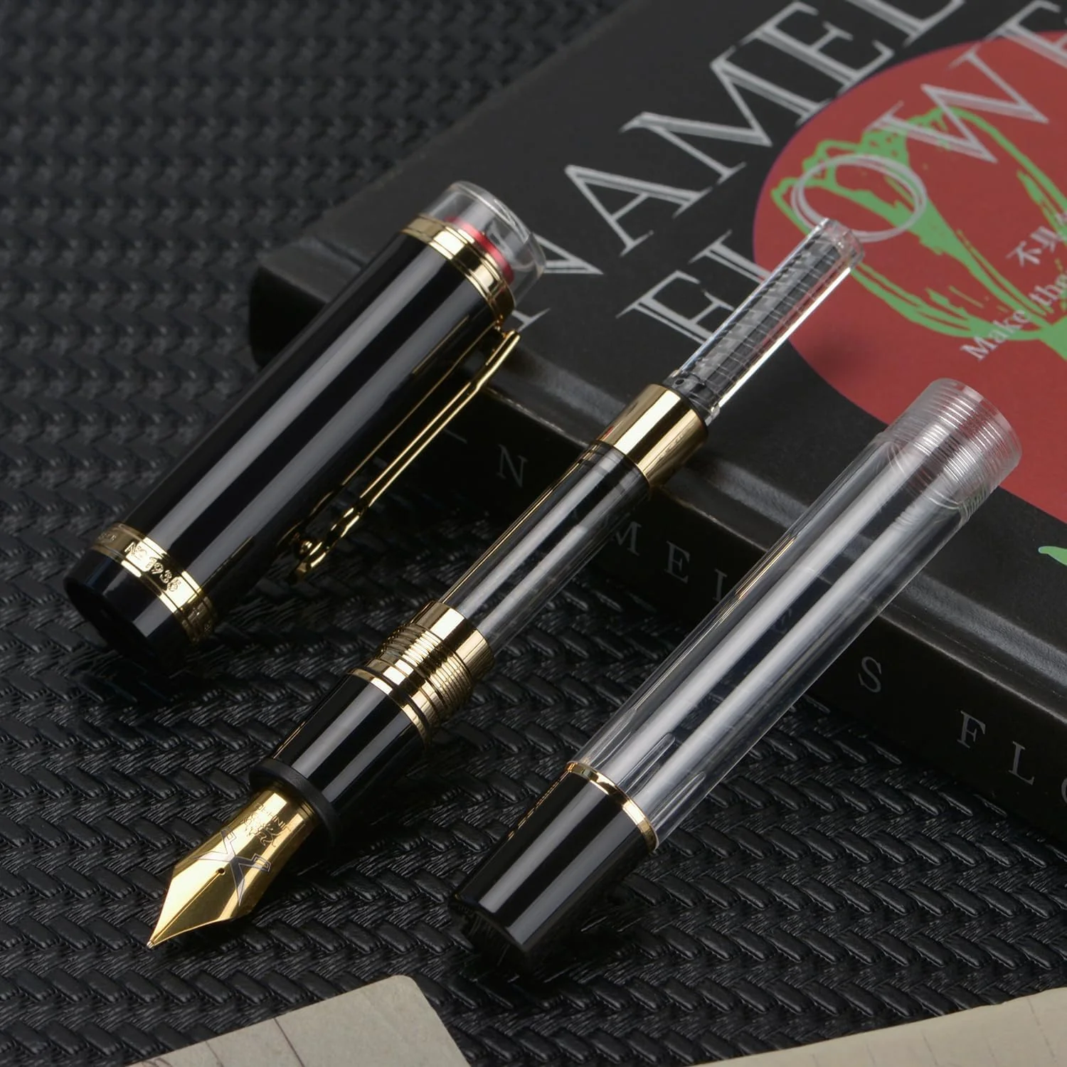 Jinhao 1935 Tiandao Series Fountain Pen – Black & Clear Acrylic Body, Dualtone Medium Nib, Gold Guitar Clip With Large Converter - Image 3