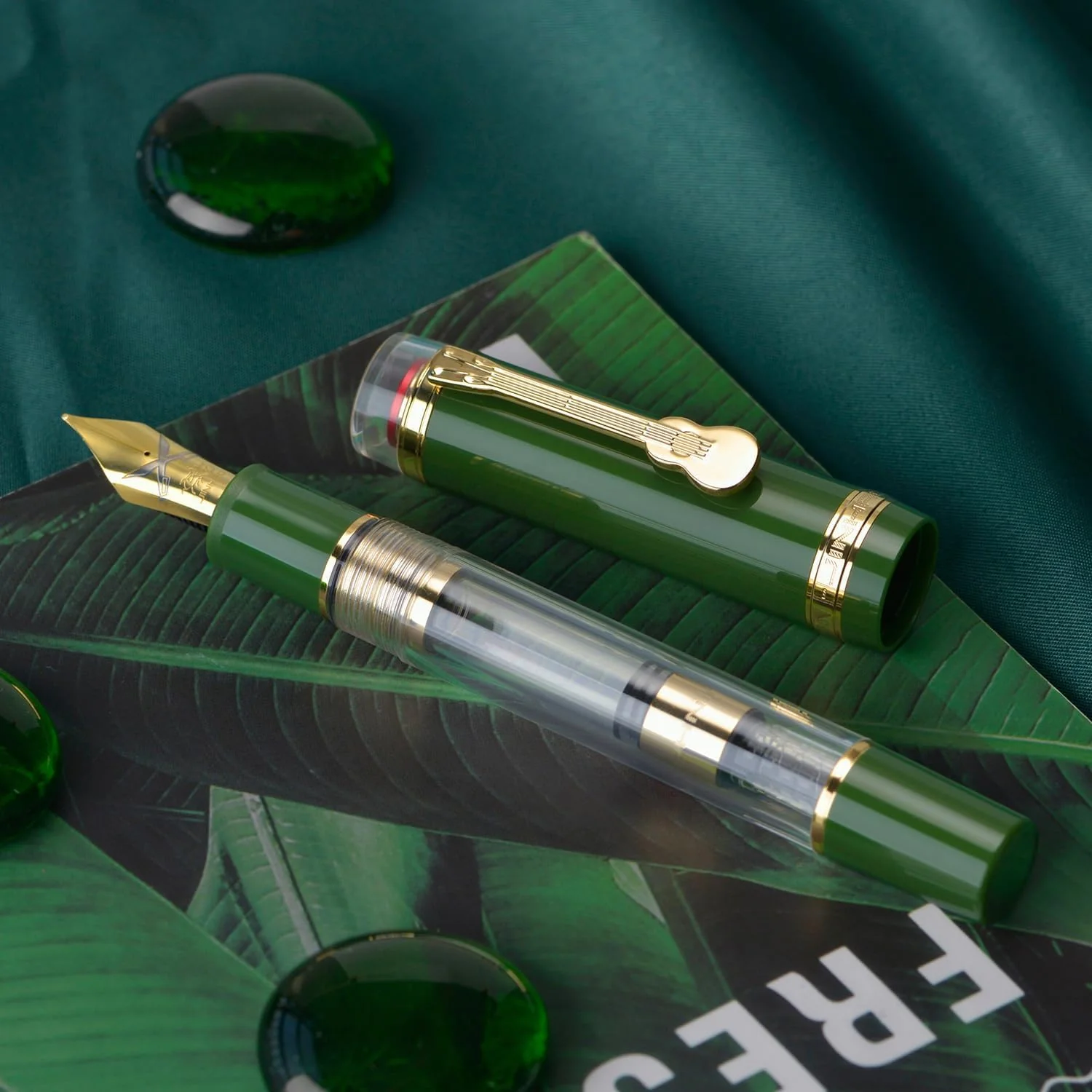 Jinhao 1935 Tiandao Series Fountain Pen – Green & Clear Acrylic Body, Dualtone Medium Nib, Gold Guitar Clip With Large Converter - Image 2