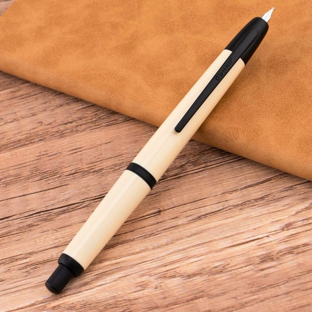 Jinhao 20 Press Retractable Fountain Pen – Ivory White Colors – Plastic Body (Black clip) -Fine & Extra Fine Nib with Converter –Smooth Writing Daily Pen (No Ink Included) - Image 4