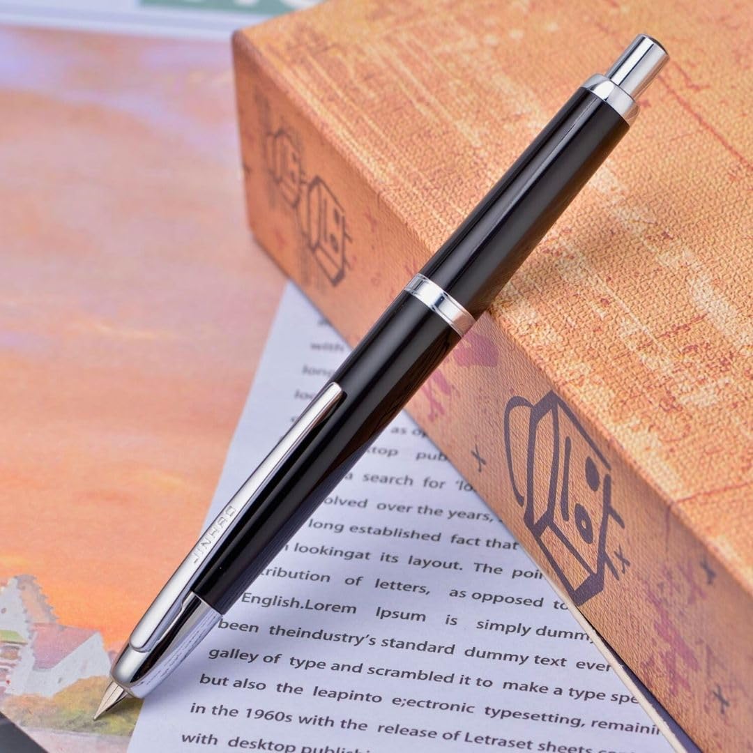 Jinhao 20 Press Retractable Fountain Pen –Black Colors –Plastic Body(Silver Clip) –  Fine & Extra Fine Nib with Converter –  Smooth Writing Daily Pen (No Ink Included) - Image 3