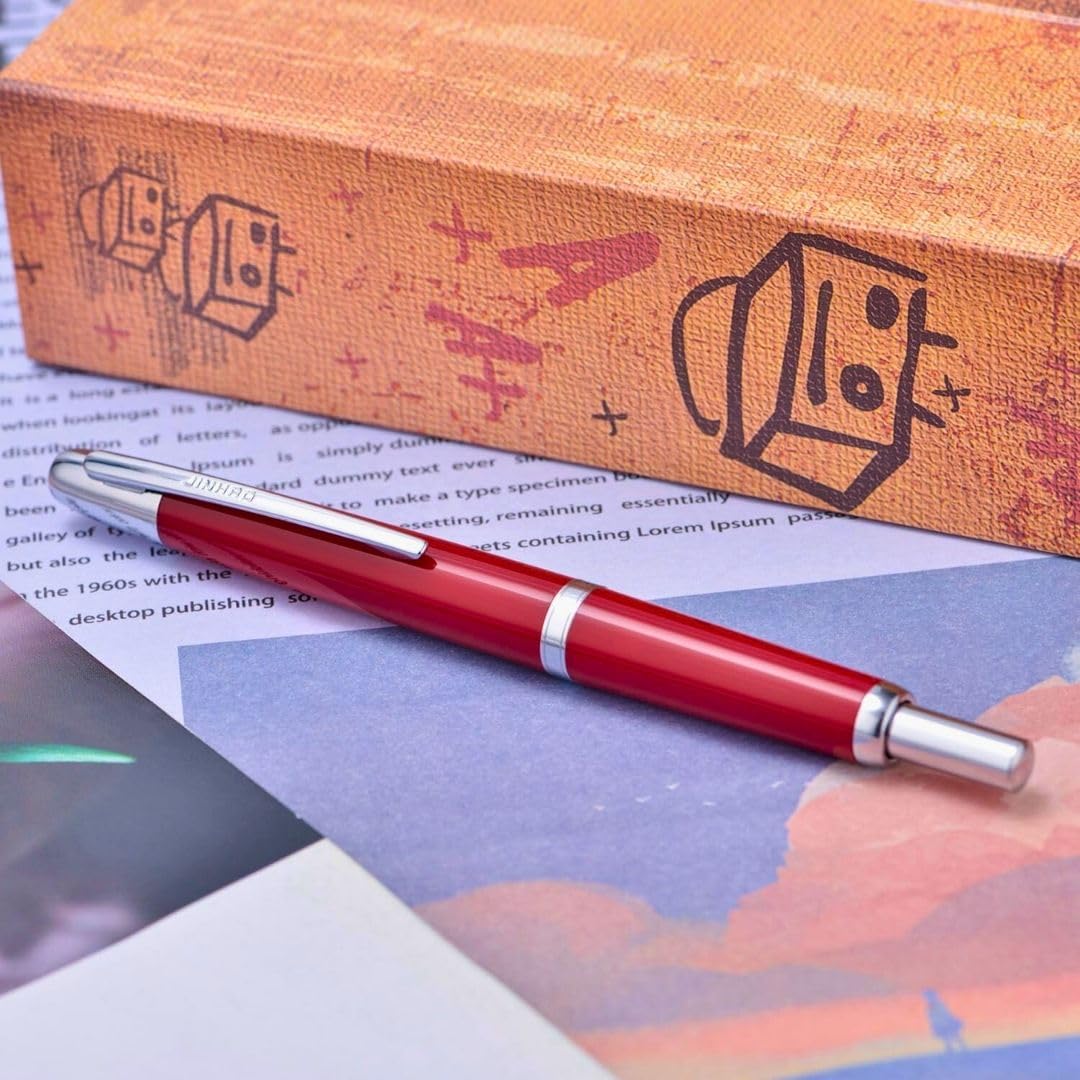 Jinhao 20 Press Retractable Fountain Pen –Palace Red Colors – Plastic Body(Silver Clip) – Fine & Extra Fine Nib with Converter –  Smooth Writing Daily Pen (No Ink Included) - Image 4