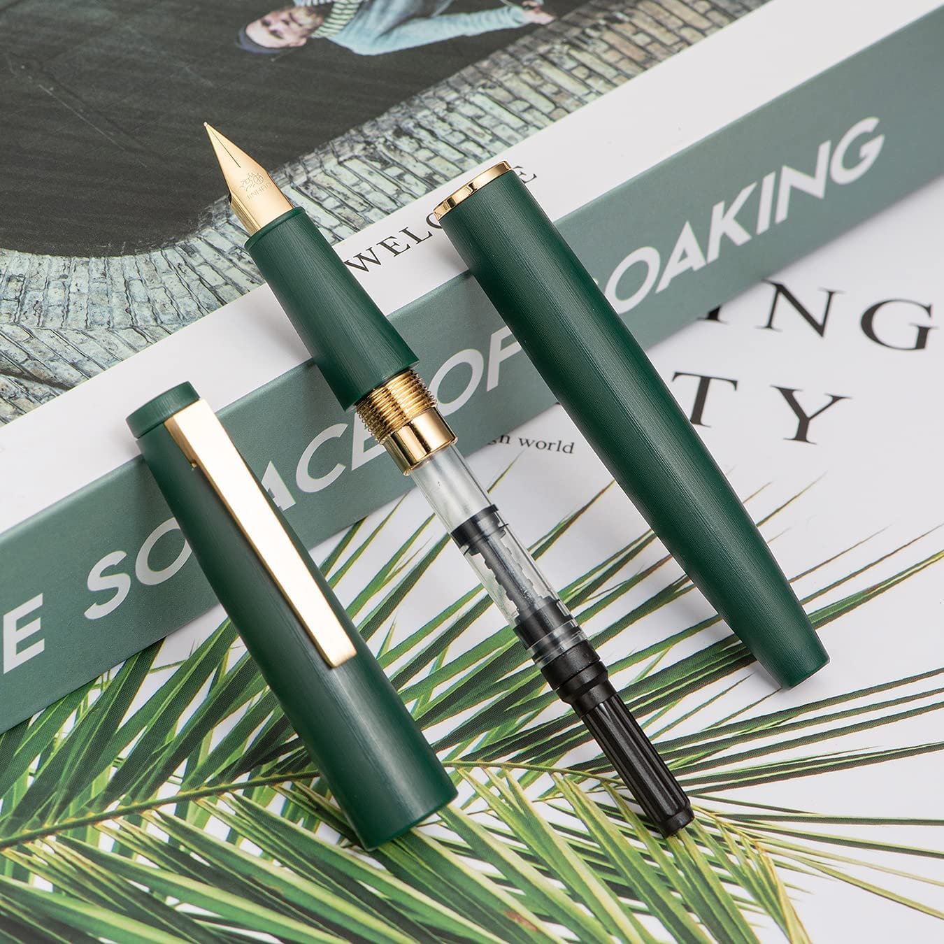 Jinhao 80 Dark Green Fiber Brushed Fountain Pen, Iridium Extra Fine and Gold Nib with Ink Converter (Gold Clip) - Image 2