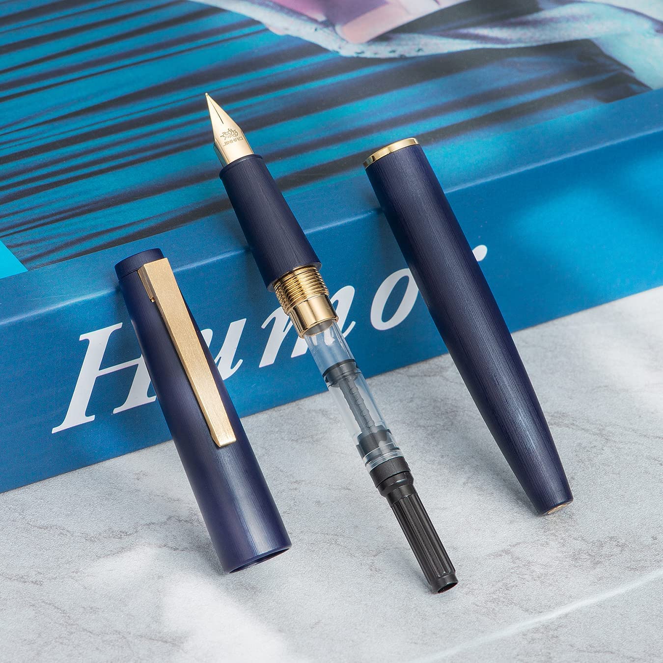 Jinhao 80 Denim Blue Fiber Brushed Fountain Pen, Iridium Extra Fine & Fine Gold Nib with Ink Converter (Gold Clip) - Image 2