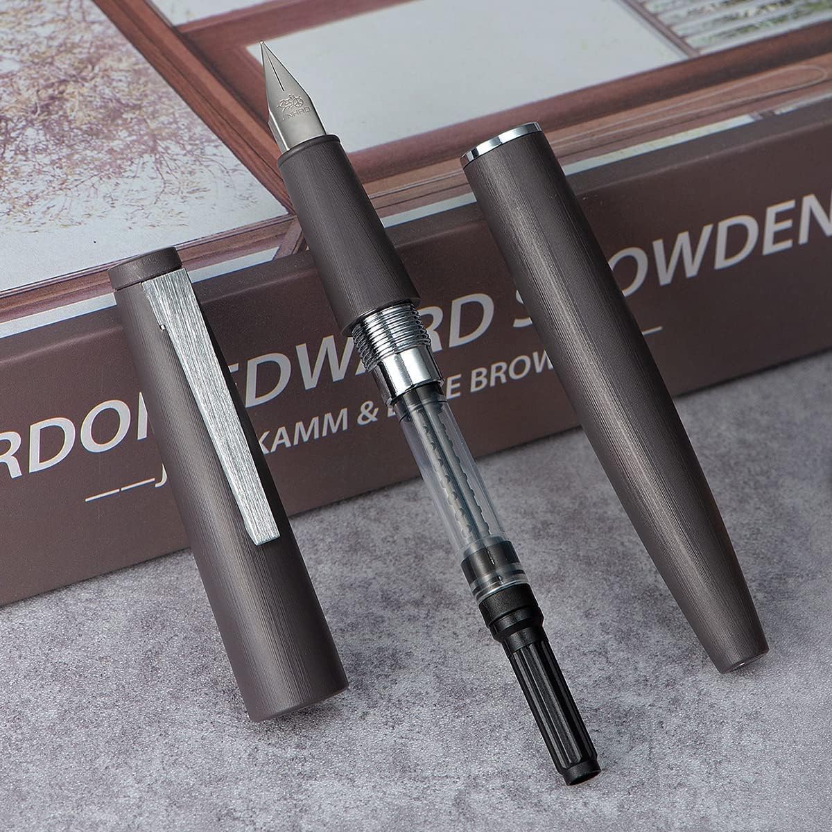 Jinhao 80 Grey Fiber Brushed Fountain Pen, Iridium Fine and Silver Nib with Ink Converter (Silver Clip) - Image 2