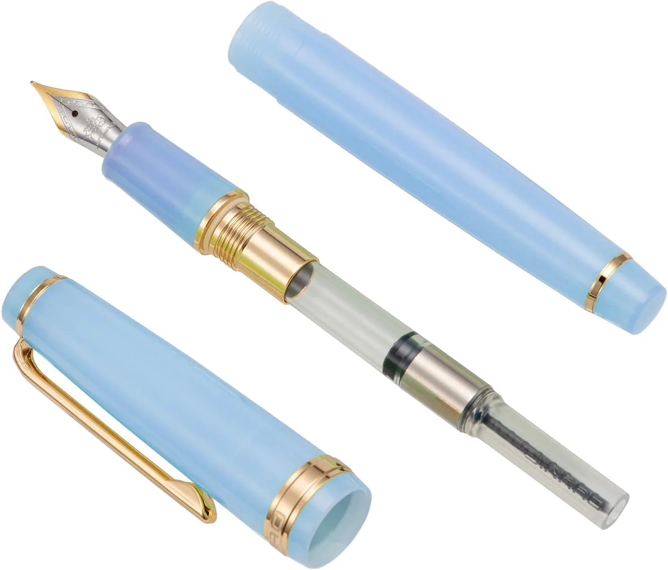 Jinhao 82 Transparent Acrylic Fountain Pen with Gold Clip, Iridium Fine Nib & Ink Converter – Light Blue - Image 4