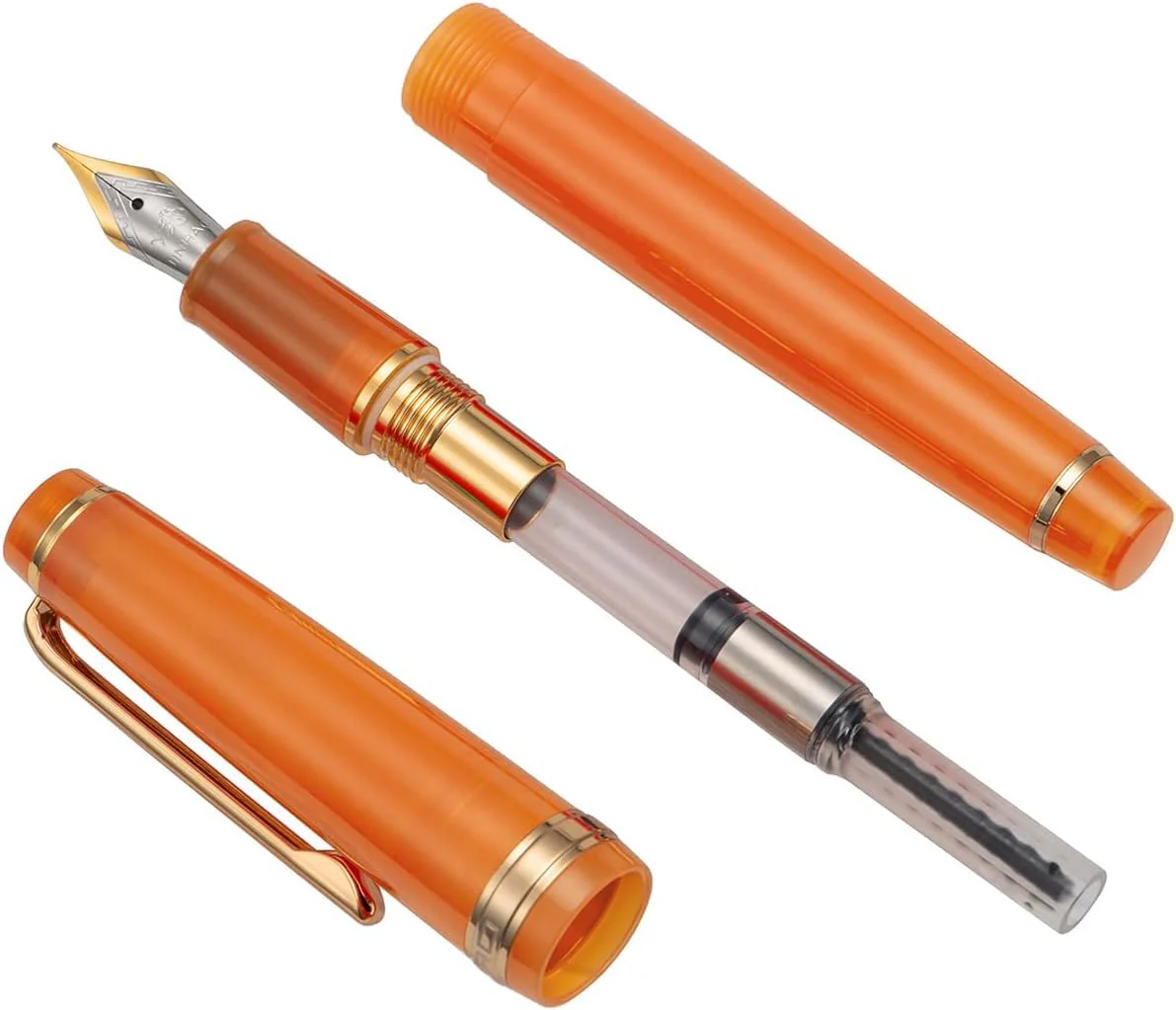 Jinhao 82 Transparent Acrylic Fountain Pen with Gold Clip, Iridium Fine Nib & Ink Converter – Orange - Image 2