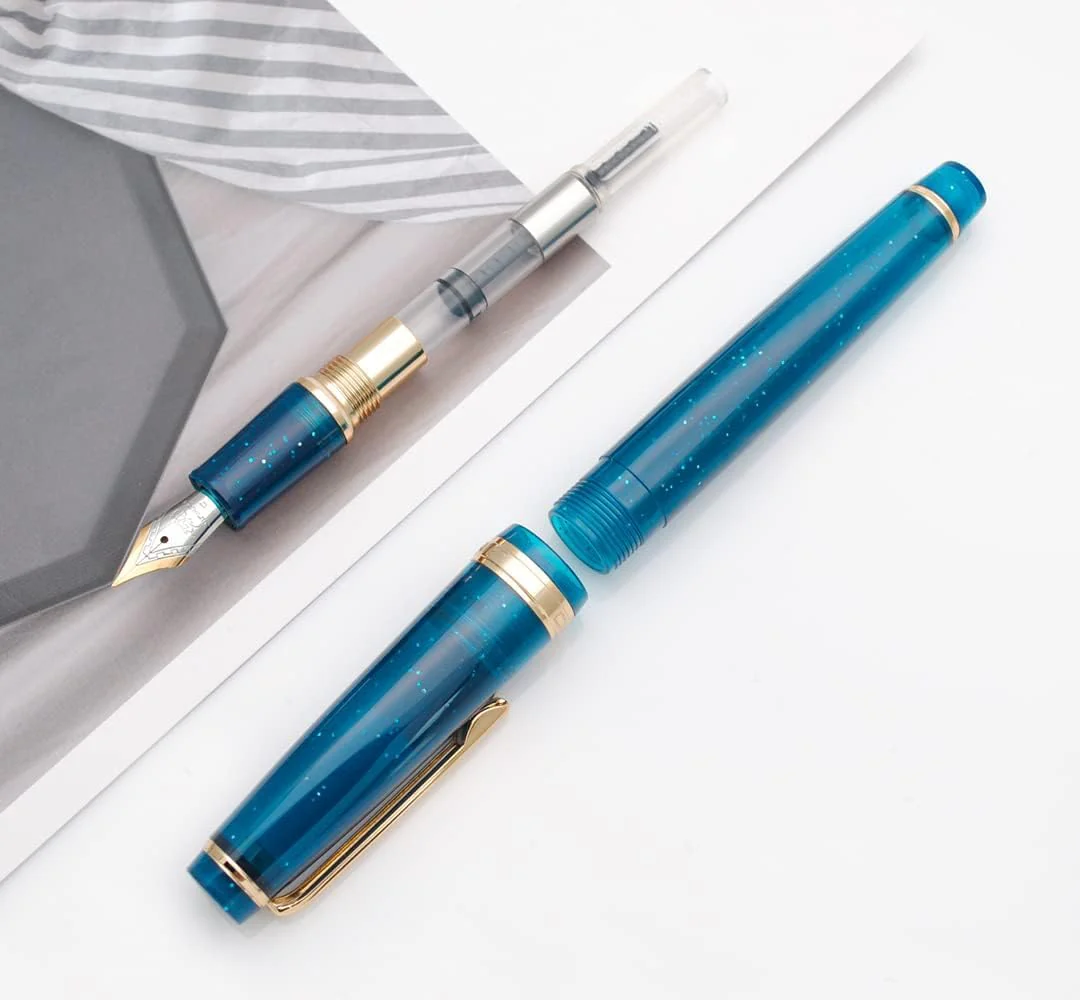 Jinhao 82 Transparent Deep Sea Blue Celluloid Fountain Pen with Fine Nib, Gold Clip & Ink Converter - Image 3