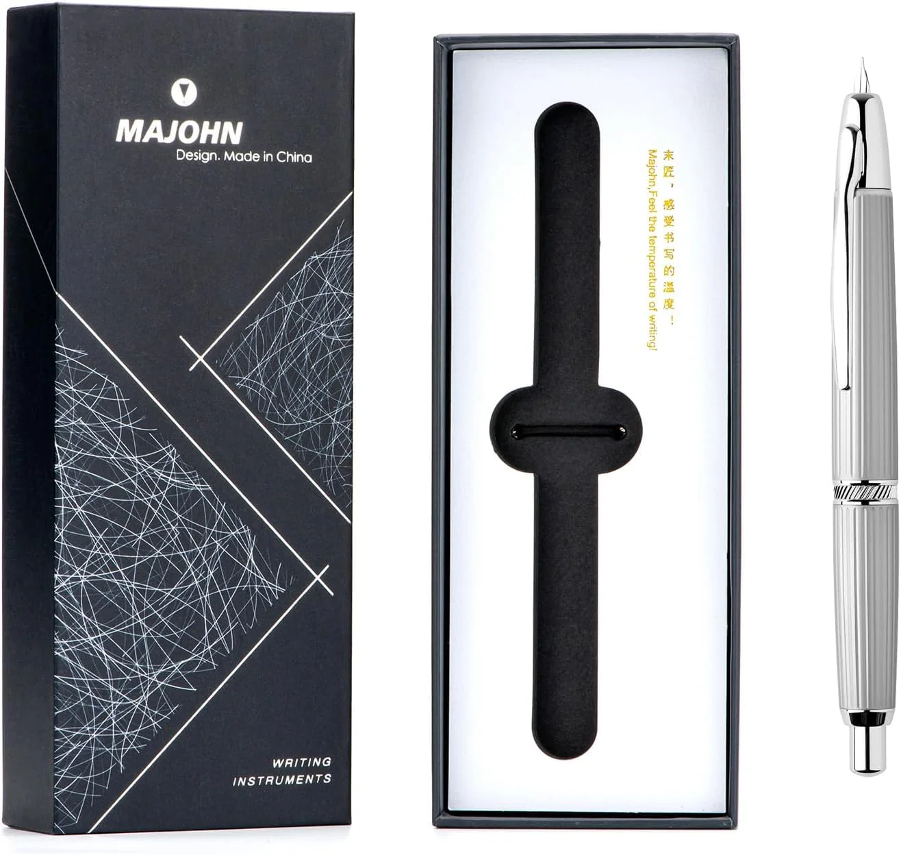 Moonman A1 Retractable Fountain Pen with Box, Press Extra Fine Nib Metal White Stripe Ink Pen with Converter Writing Set (With Clip Version) - Image 4