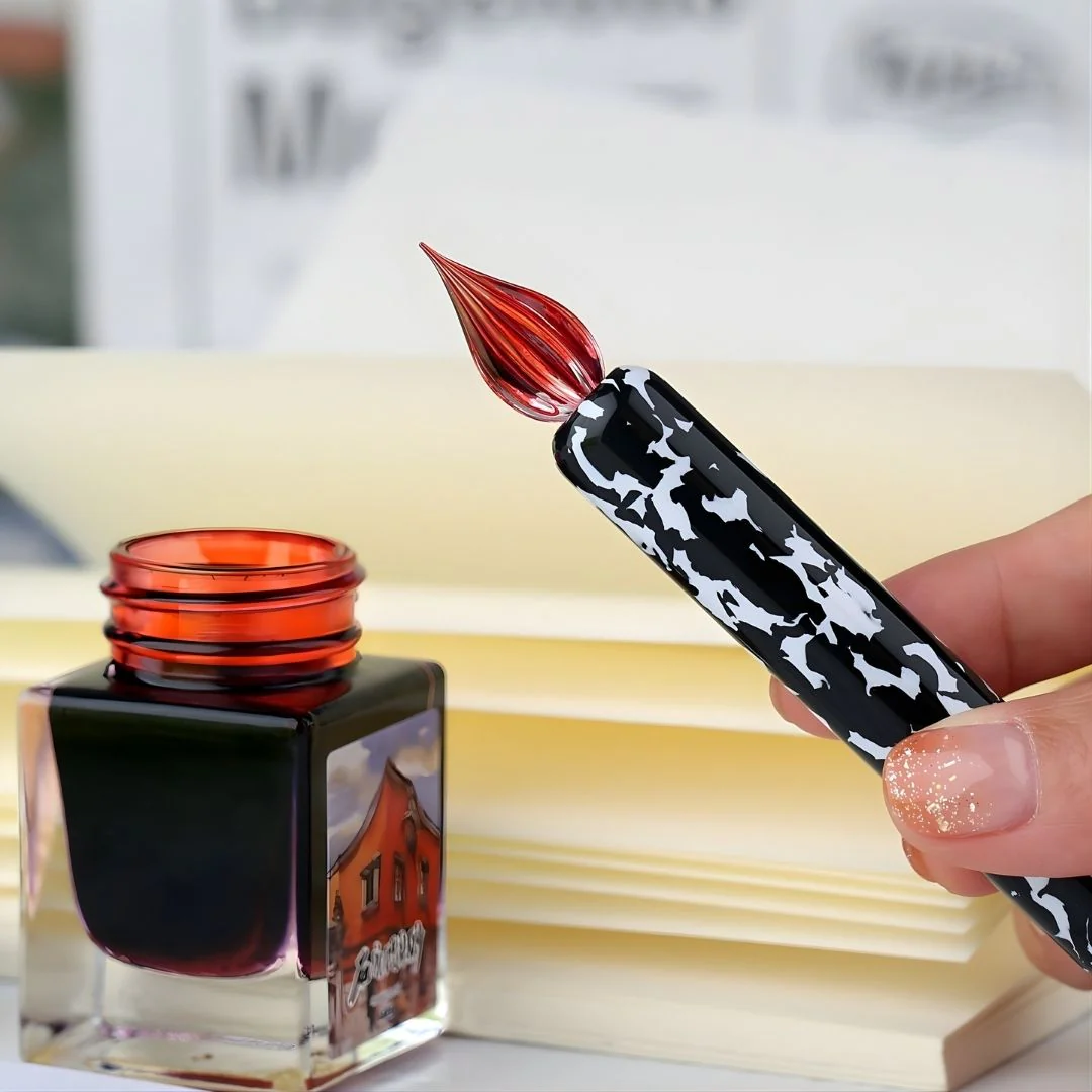 MAJOHN Cow Printed Resin Dip Pen – Fine 0.5mm Glass Nib, Handmade Artistic Calligraphy Pen - Image 2