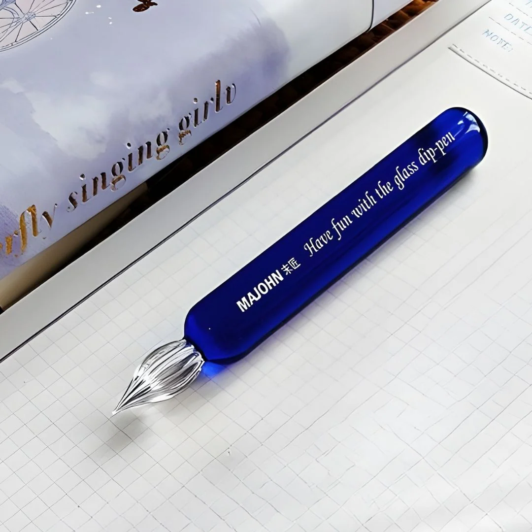 MAJOHN Crystal Glass Dip Pen – Handmade 0.5mm Fine Nib | Printed Quote | Blue - Image 2