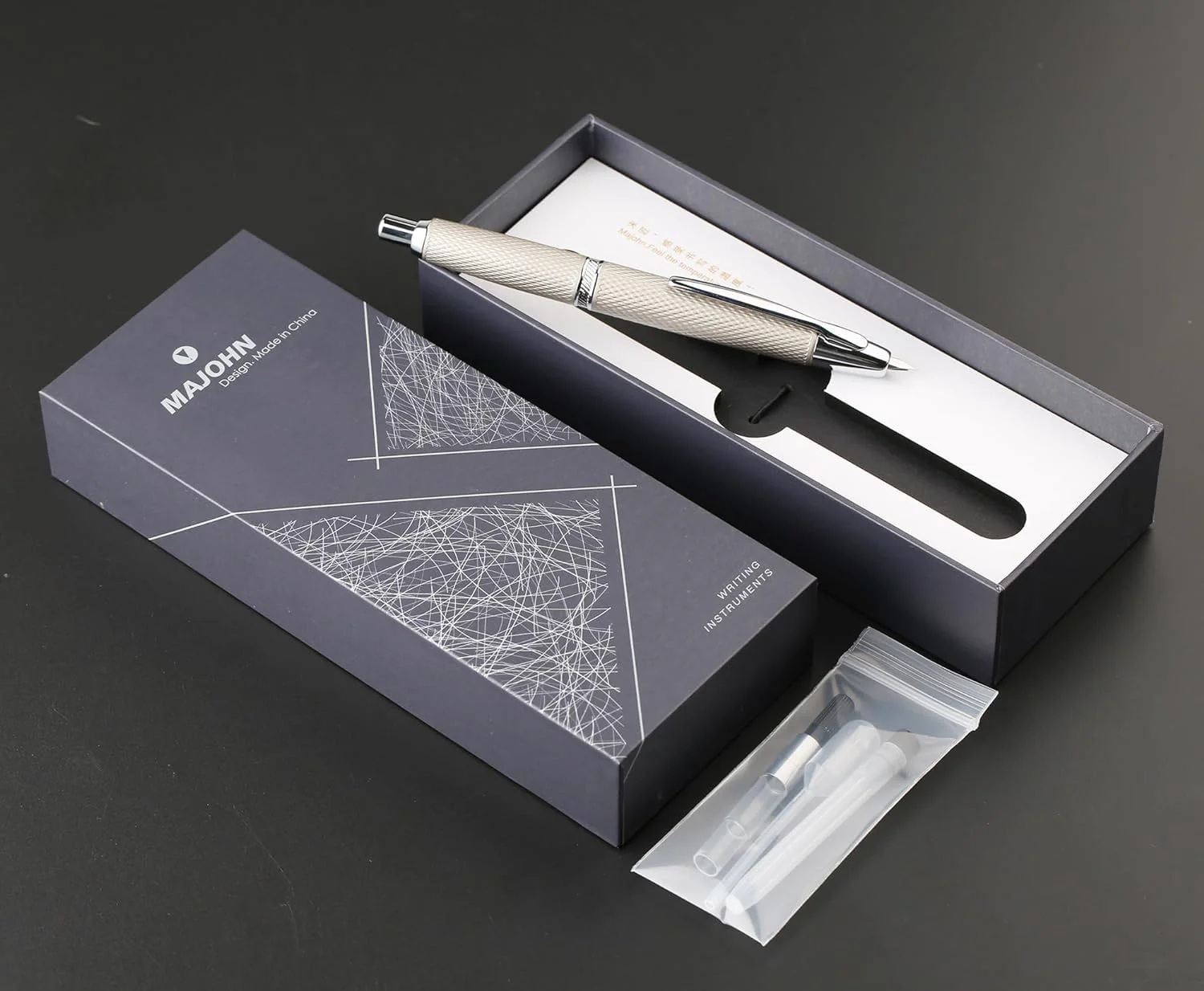 Moonman A1 Reverse Scale Retractable Fountain Pen – Extra Fine 0.38mm Nib, White Grid Metal Body with White Clip, Press Mechanism, Includes Converter, Dropper & Gift Box - Image 2