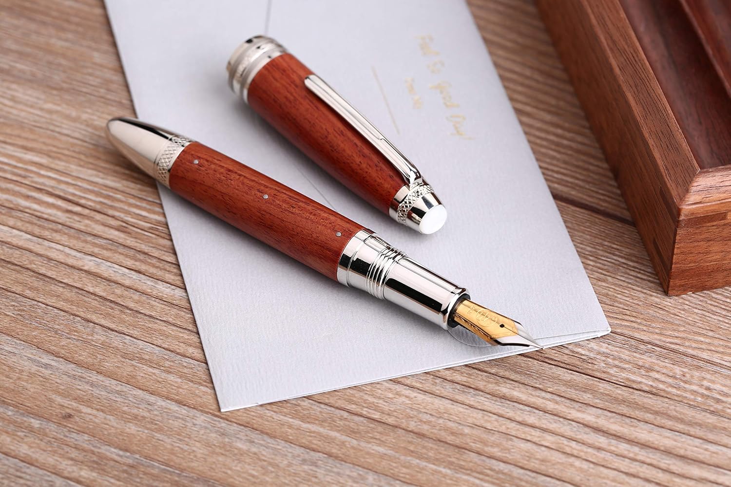 Moonman M1000 Handmade Rosewood Fountain Pen BOCK Fine Nib, Rivet Pearl Top Writing Pen Silver Clip Beautiful Writing Pen - Image 4