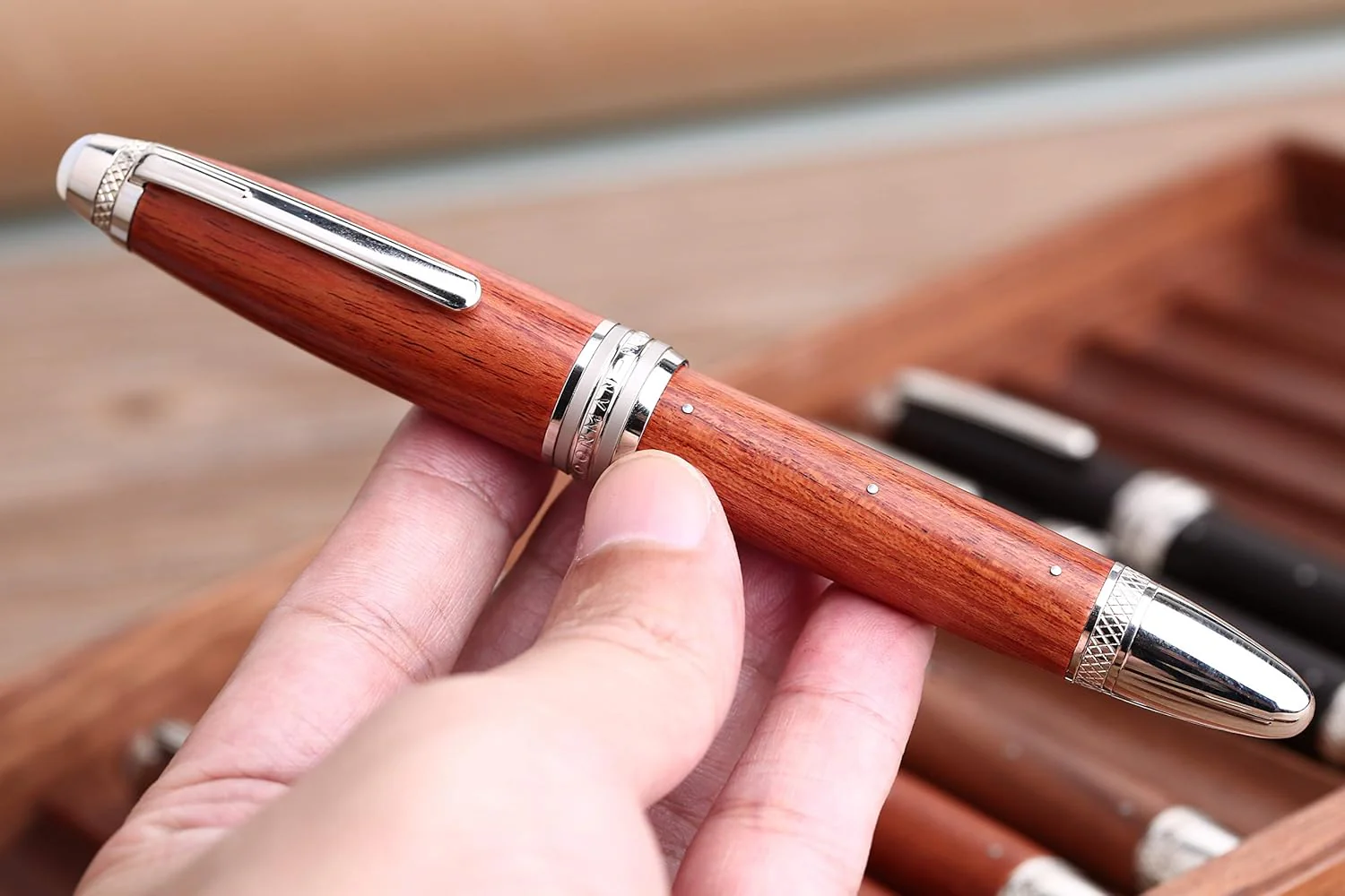 Moonman M1000 Handmade Rosewood Fountain Pen BOCK Fine Nib, Rivet Pearl Top Writing Pen Silver Clip Beautiful Writing Pen - Image 6