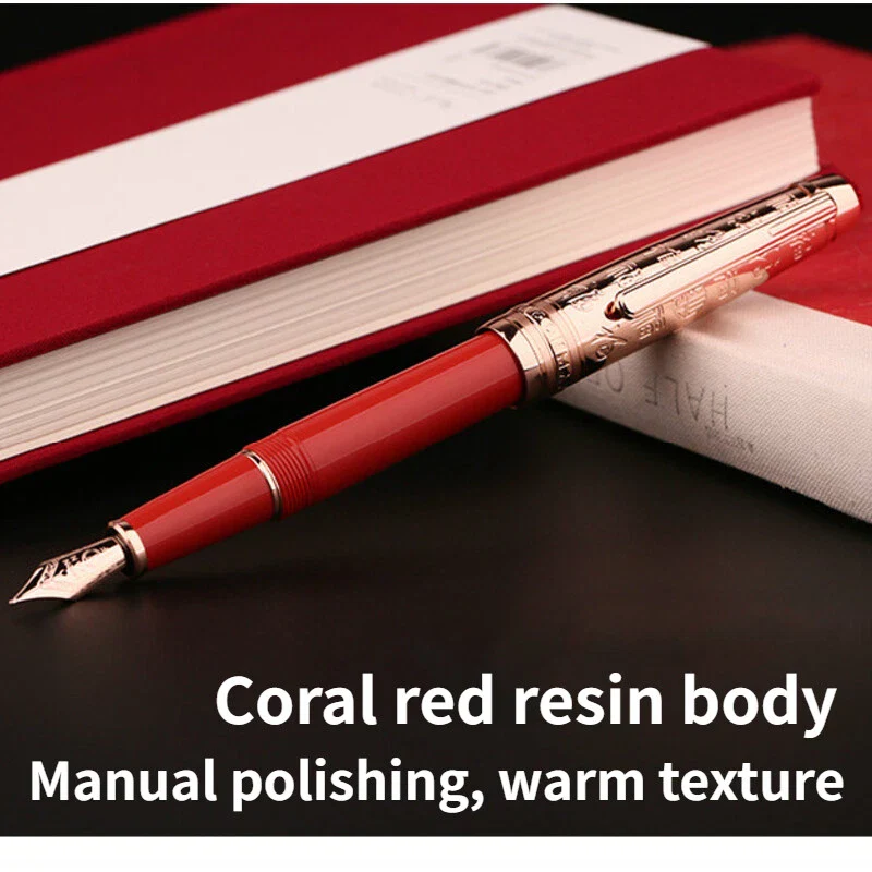 Moonman P135 Coral Red “Blessing” Limited Edition Fountain Pen – Extra Fine Rose Gold Nib, Resin Body, Metal Cap with Ruby Red Top - Image 2