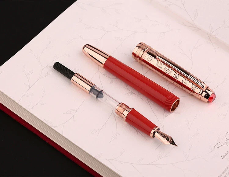 Moonman P135 Coral Red “Blessing” Limited Edition Fountain Pen – Extra Fine Rose Gold Nib, Resin Body, Metal Cap with Ruby Red Top - Image 5