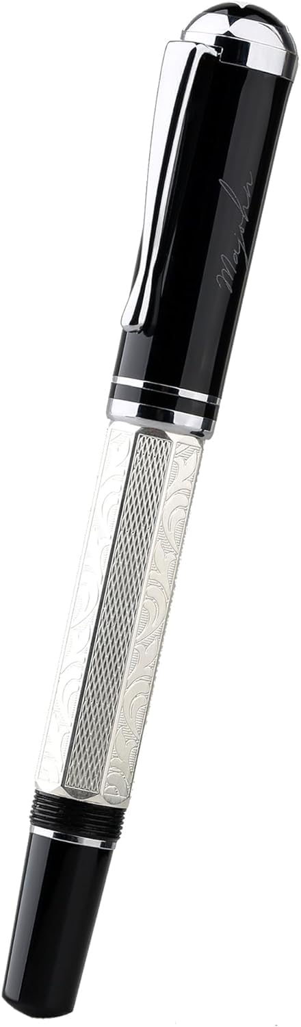 Moonman P138 Piston Fountain Pen Fine Nib with Box, Classic Silver Plated Octahedral Etching Pattern Writing Pen (Round Pen Cap Version) - Image 3
