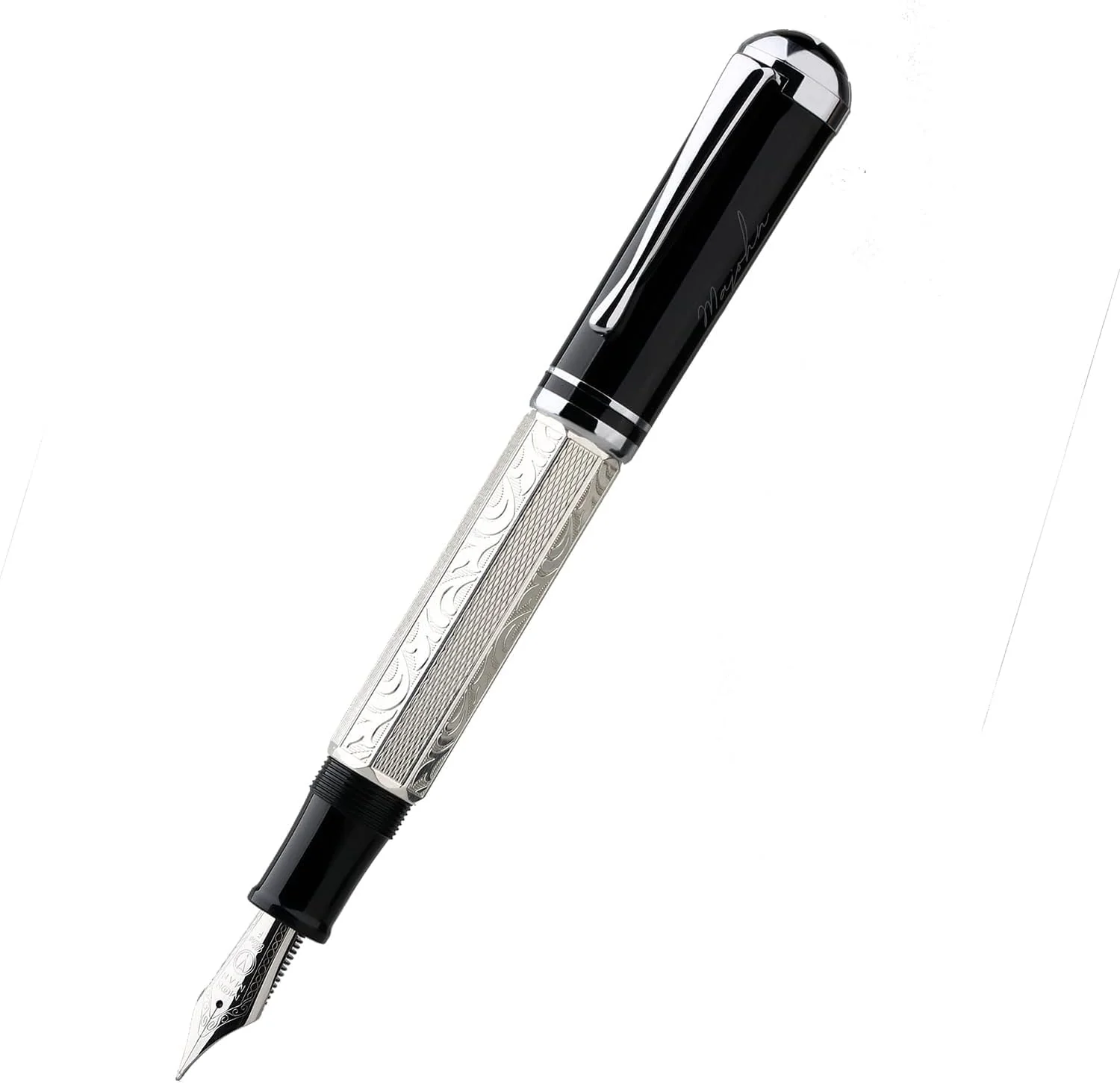 Moonman P138 Piston Fountain Pen Fine Nib with Box, Classic Silver Plated Octahedral Etching Pattern Writing Pen (Round Pen Cap Version) - Image 4