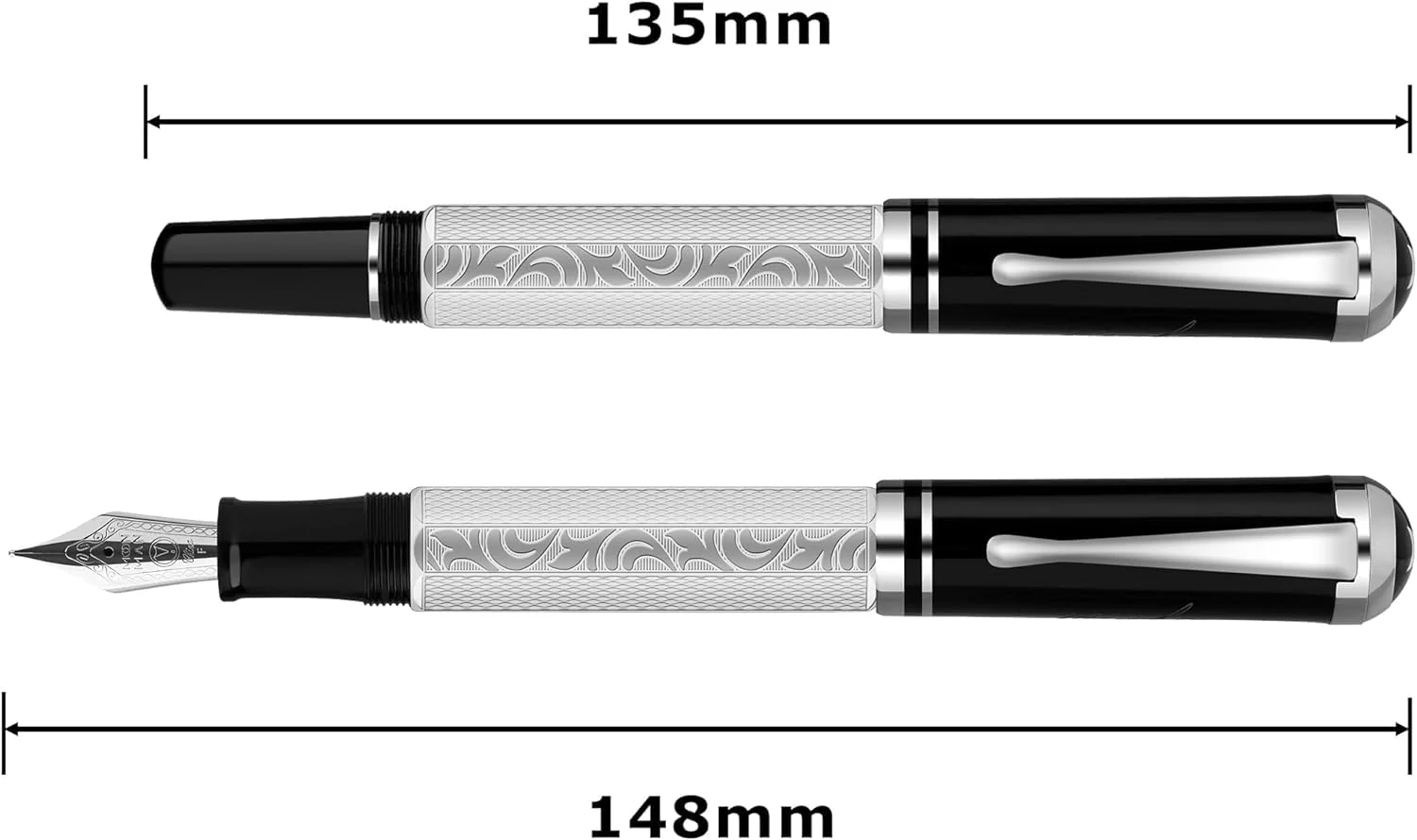 Moonman P138 Piston Fountain Pen Fine Nib with Box, Classic Silver Plated Octahedral Etching Pattern Writing Pen (Round Pen Cap Version) - Image 5