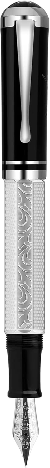 Moonman P138 Piston Fountain Pen Fine Nib with Box, Classic Silver Plated Octahedral Etching Pattern Writing Pen (Round Pen Cap Version) - Image 6