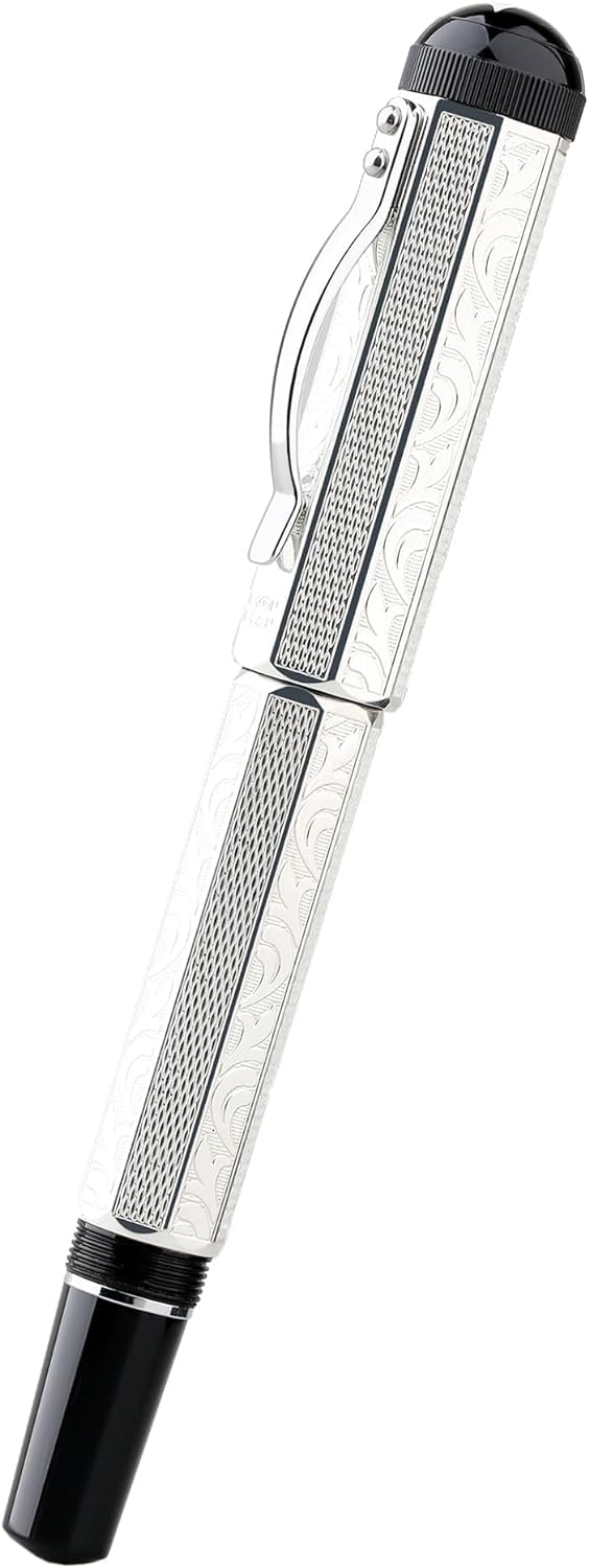Moonman P138 Piston Fountain Pen Fine Nib with Box, Silver Plated Octahedral Etching Pattern Writing Pen Set (Square Pen Hat Version) - Image 3