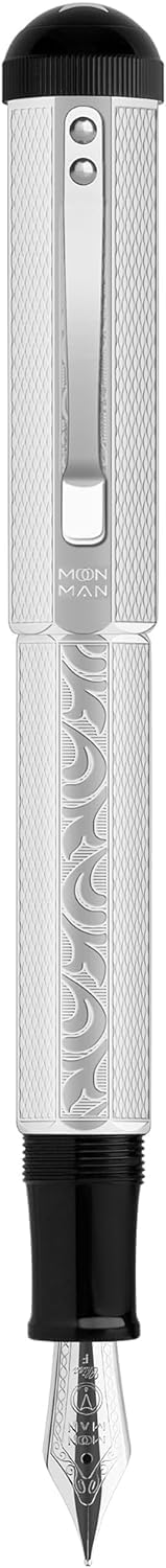 Moonman P138 Piston Fountain Pen Fine Nib with Box, Silver Plated Octahedral Etching Pattern Writing Pen Set (Square Pen Hat Version) - Image 6